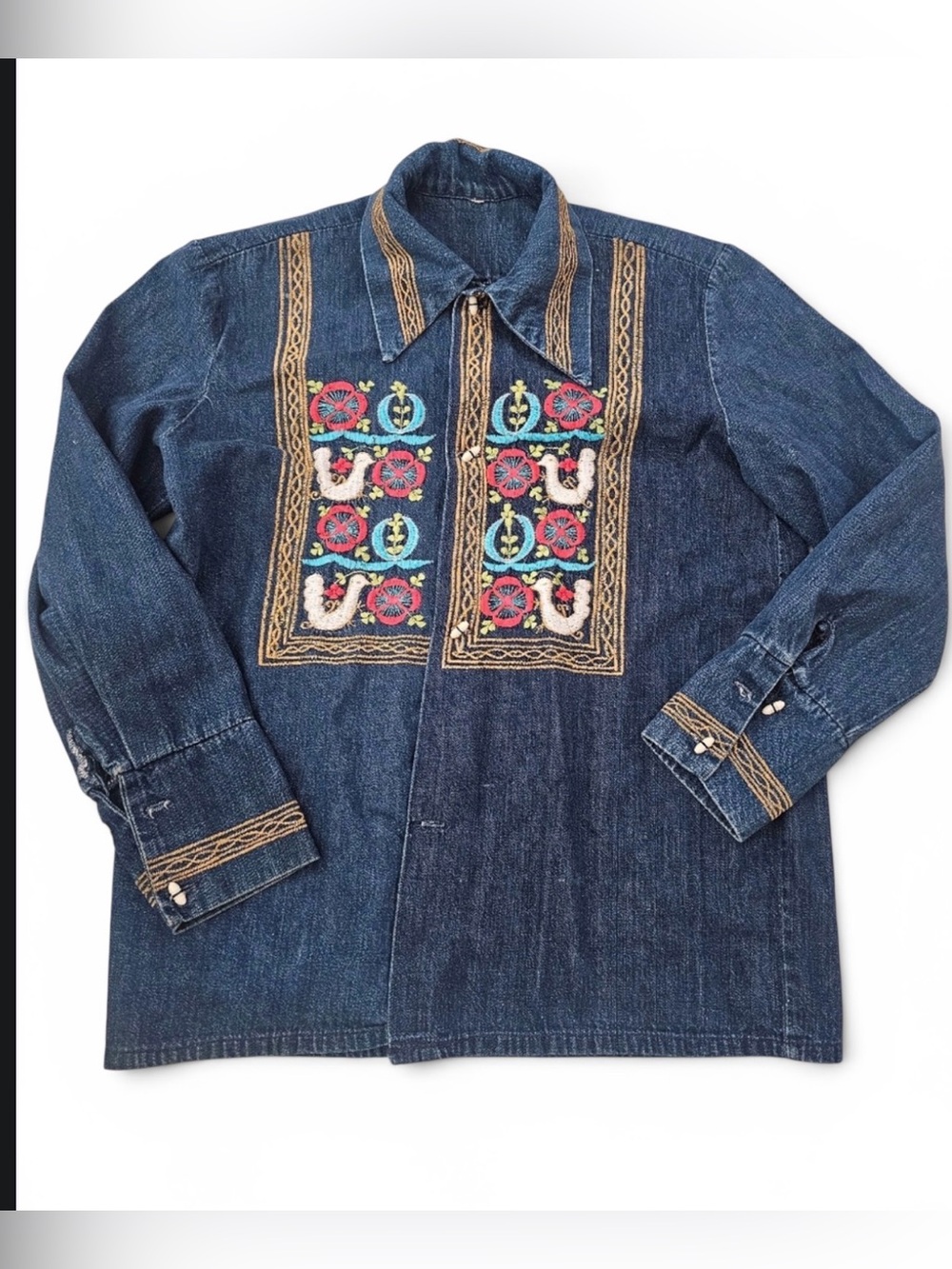 Vintage 60s Embroidered Denim Shirt Jacket bohemian M